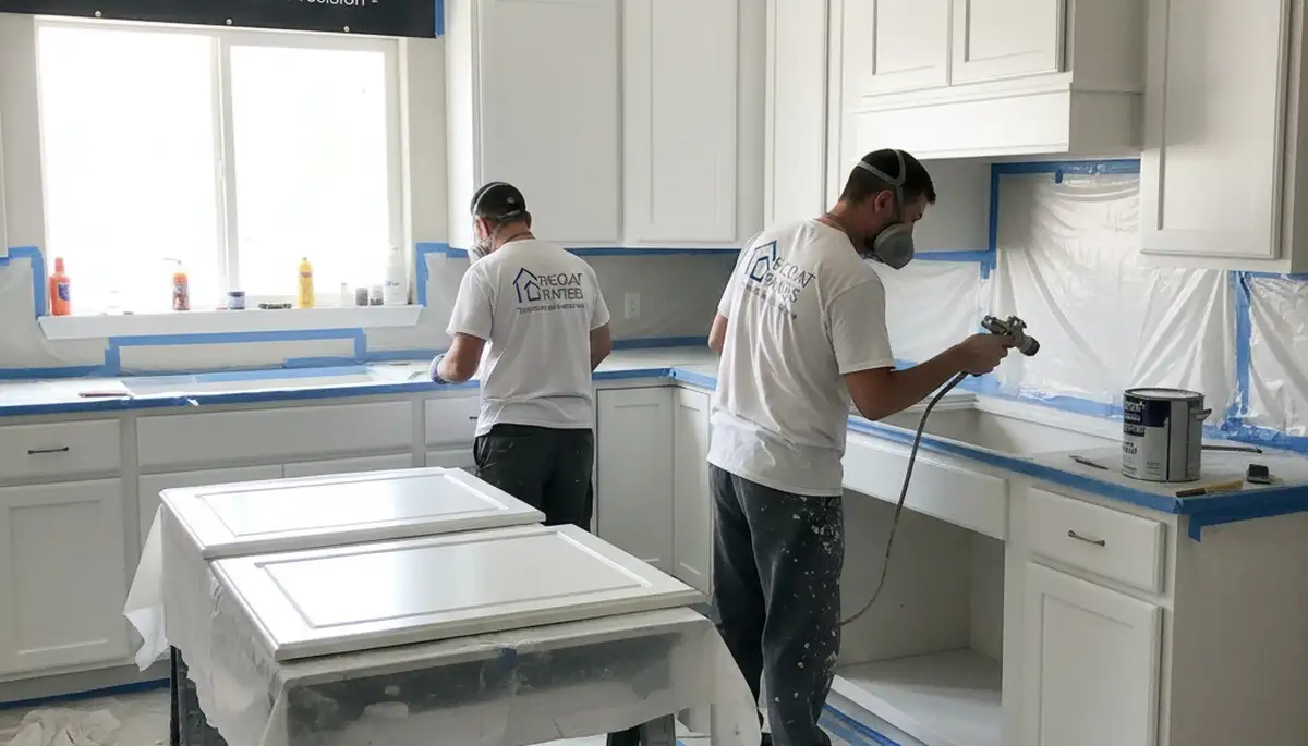 Professional cabinet painting in Anaheim, CA showing freshly refinished kitchen cabinets