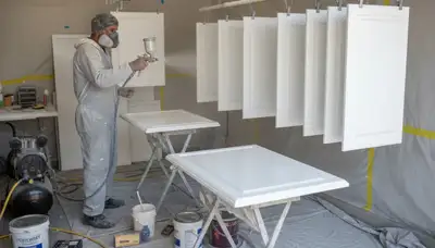 Professional cabinet painting in Anaheim, CA using spray technique for smooth, durable kitchen finishes