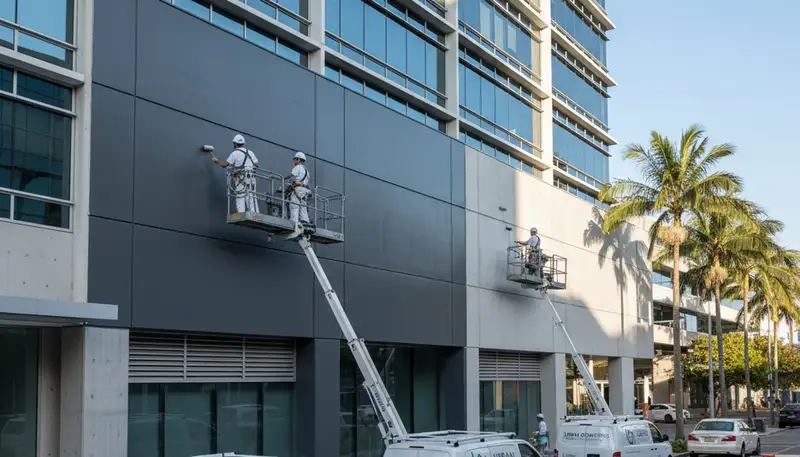 Professional commercial painters working on office exterior in Anaheim, CA