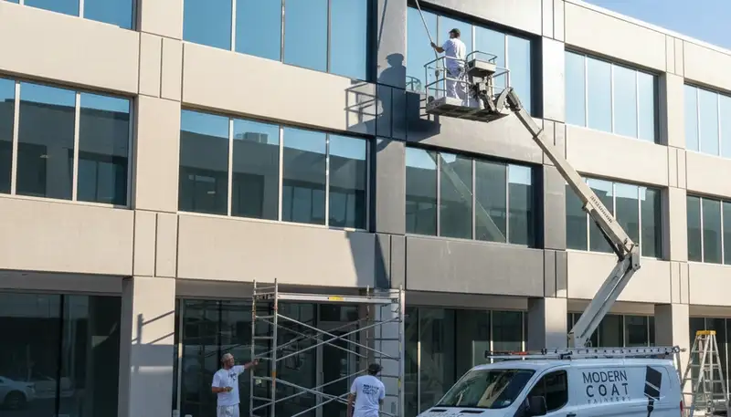 Professional commercial painters in Anaheim, CA applying fresh exterior paint to a business building