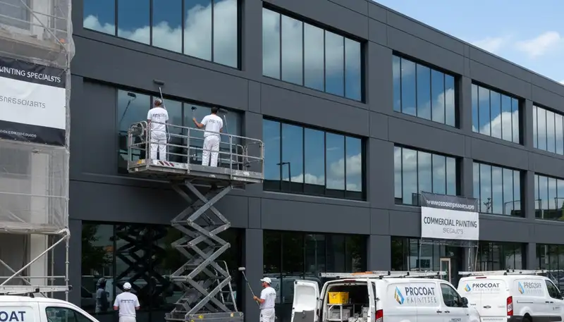Professional commercial painters working on an Anaheim CA office exterior repaint project