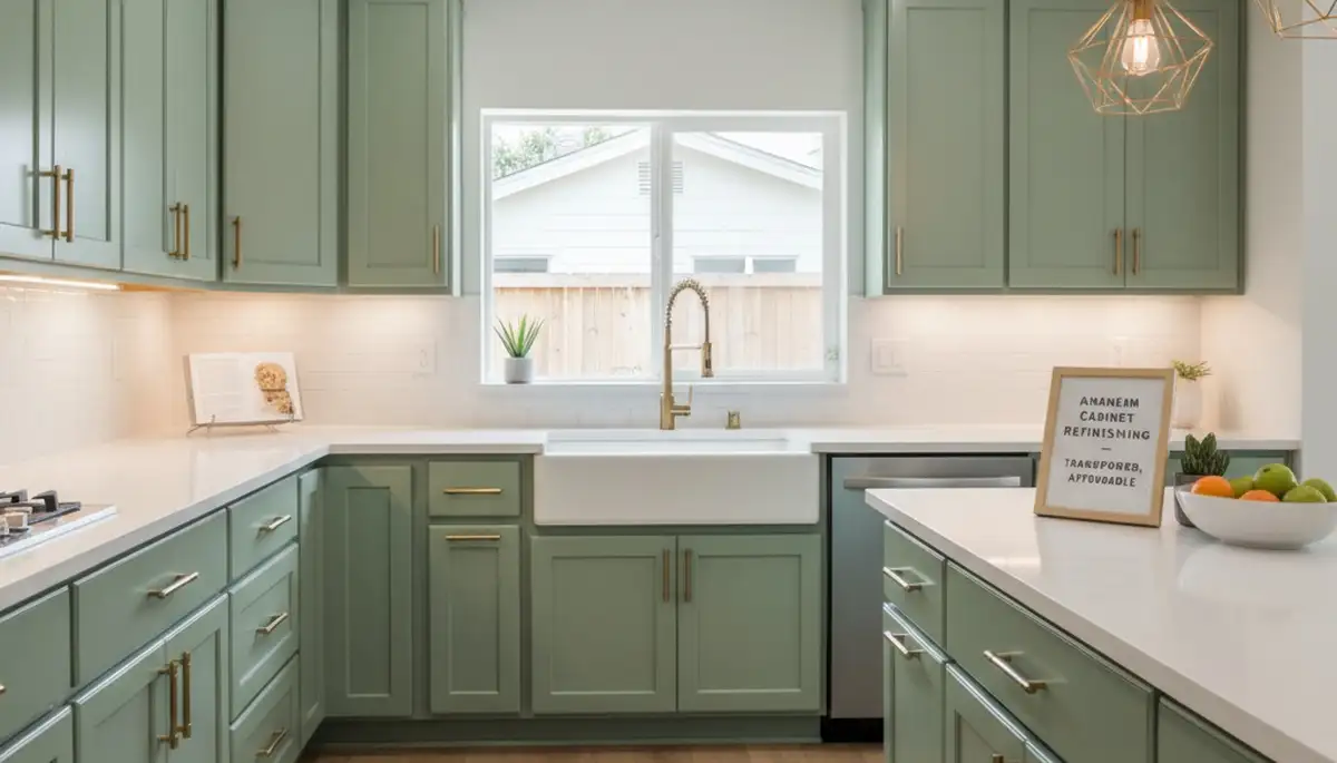Refinished kitchen cabinets with smooth modern finish by house painters in Anaheim, CA