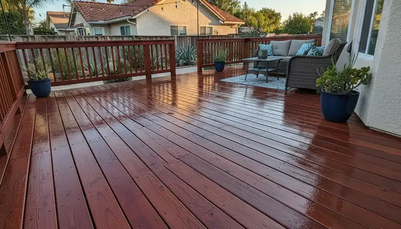 Freshly stained wooden deck in Anaheim CA showing professional finish and weather protection