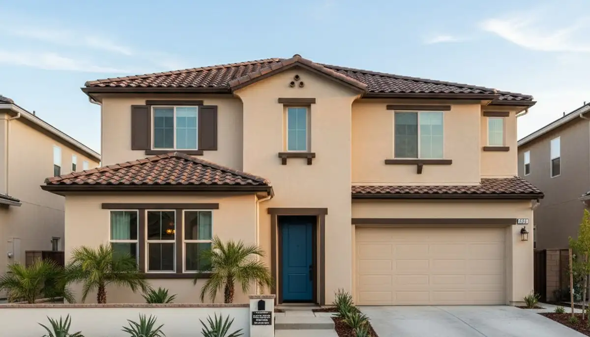 Freshly painted Anaheim, CA home exterior showcasing durable, sun-resistant stucco finish by pro house painters