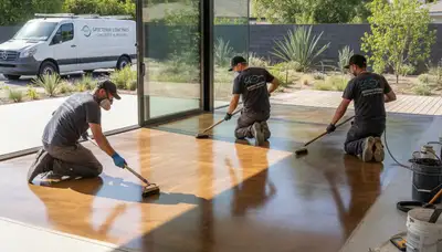Professional concrete staining on residential driveway in Anaheim, CA by expert house painters