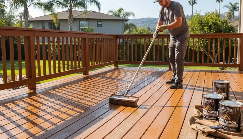 Professional deck staining in Anaheim, CA enhancing wood color and protecting outdoor decks from sun and moisture