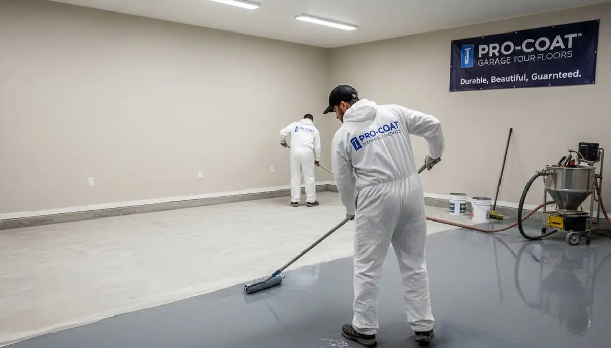 Epoxy garage floor coating in Anaheim, CA applied by professional house painters for durable finish