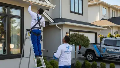 Professional painters applying durable gutter paint on Anaheim CA home exterior