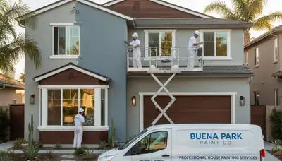 Professional house painter applying exterior paint to Anaheim CA home façade