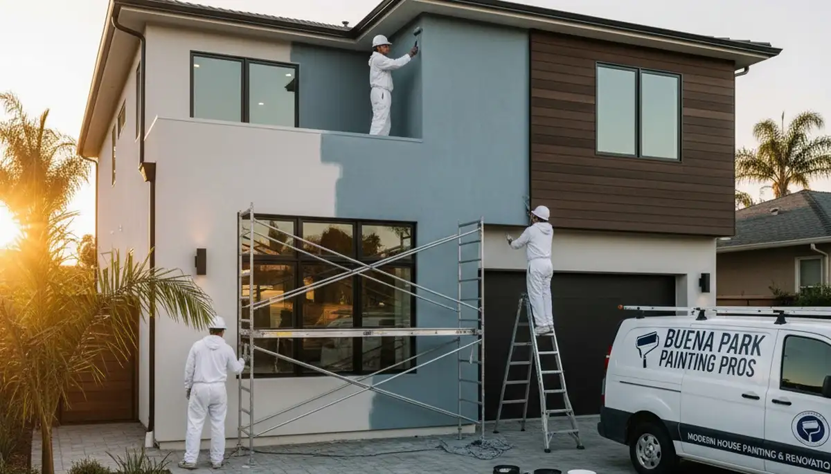 Professional house painters finishing exterior home in Anaheim, CA