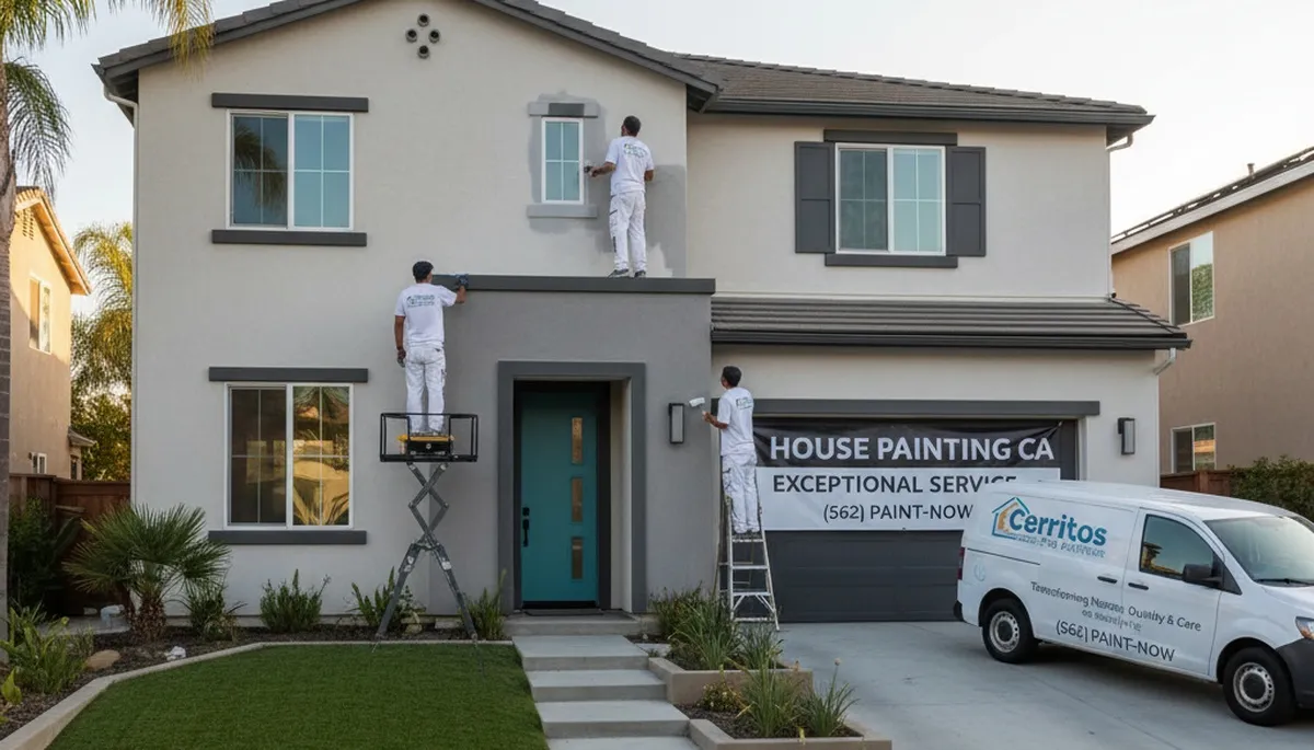 Professional house painters finishing exterior home in Anaheim, CA