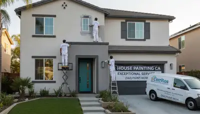 Professional house painters finishing exterior home in Anaheim, CA