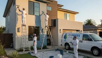 Professional house painters working on exterior home in Anaheim, CA
