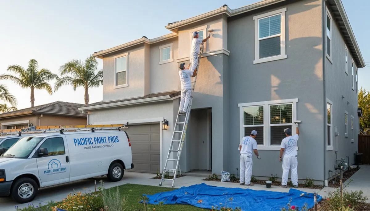 Professional house painters working on residential exterior in Anaheim, CA