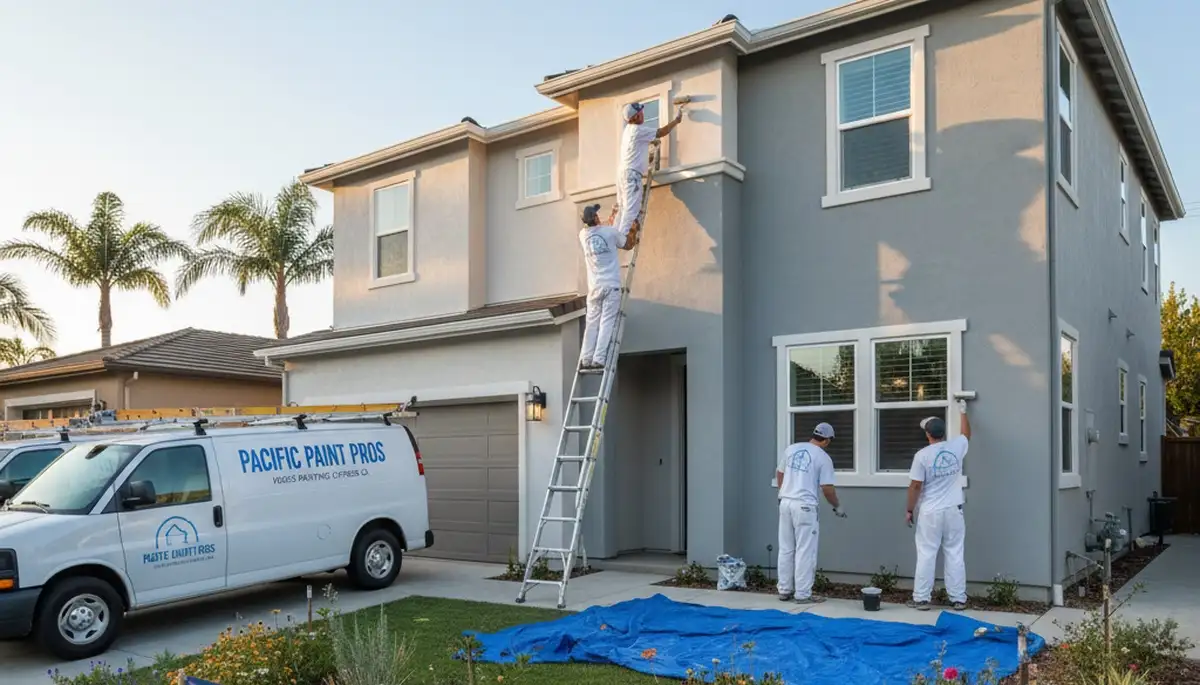 Professional house painters working on residential exterior in Anaheim, CA