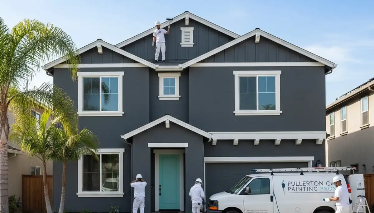 Professional house painters finishing residential exterior in Anaheim, CA
