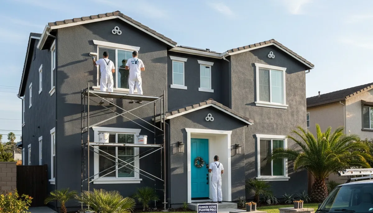 Professional house painters working on exterior home in Anaheim, CA