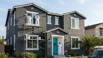 Professional house painters working on exterior home in Anaheim, CA
