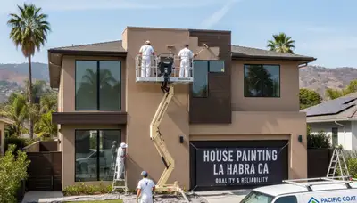 Anaheim, CA house painters applying exterior paint to a home for a professional finish