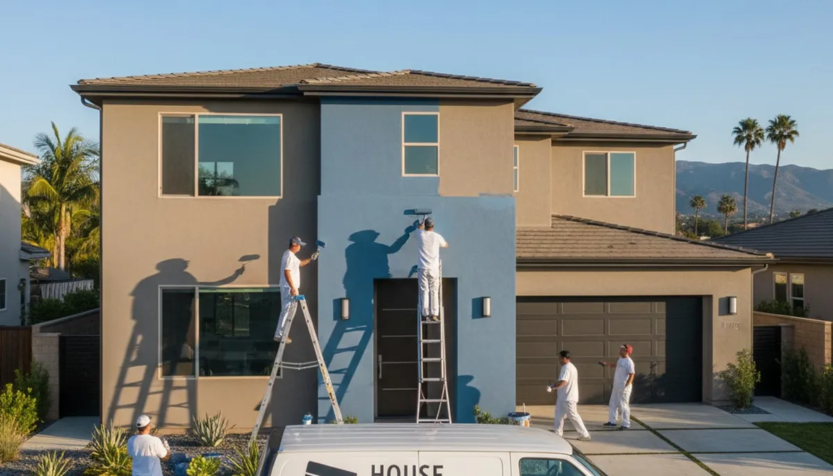 Professional house painters finishing exterior home in Anaheim, CA