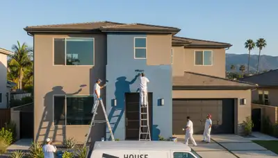 Professional house painters finishing exterior home in Anaheim, CA