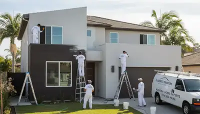 Professional house painters working on exterior home in Anaheim, CA