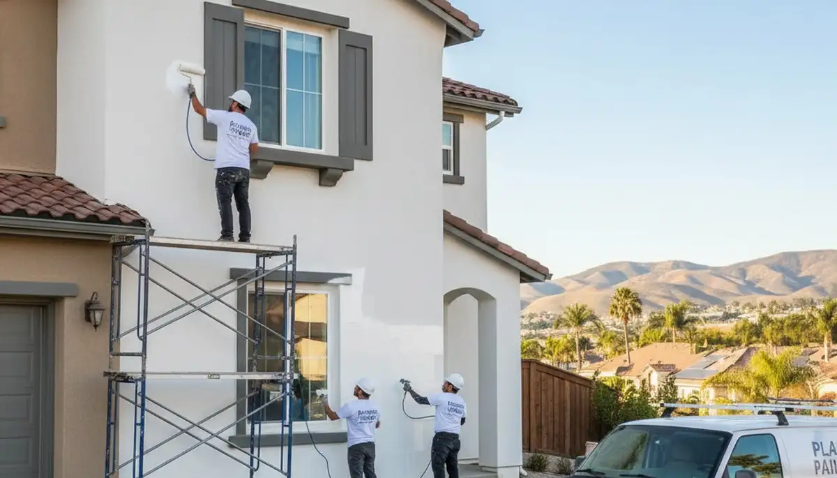 Professional exterior house painters working on residential home in Anaheim, CA
