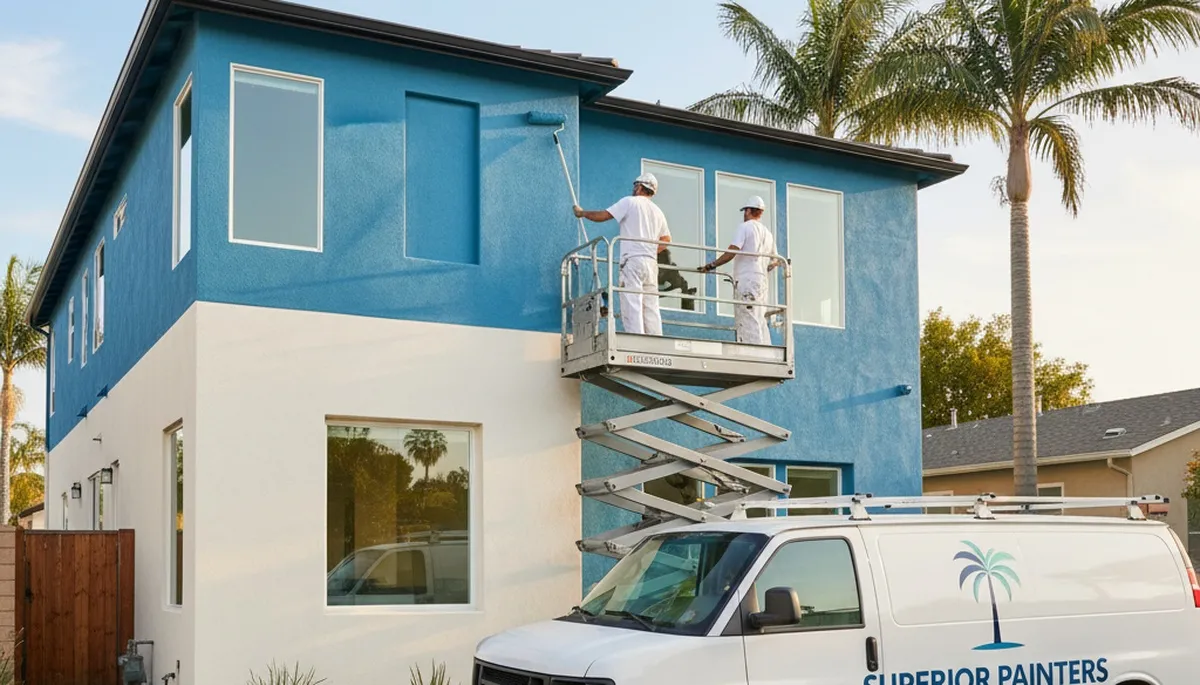 Professional house painters finishing exterior home in Anaheim, CA