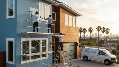 Professional house painters finishing exterior home project in Anaheim, CA