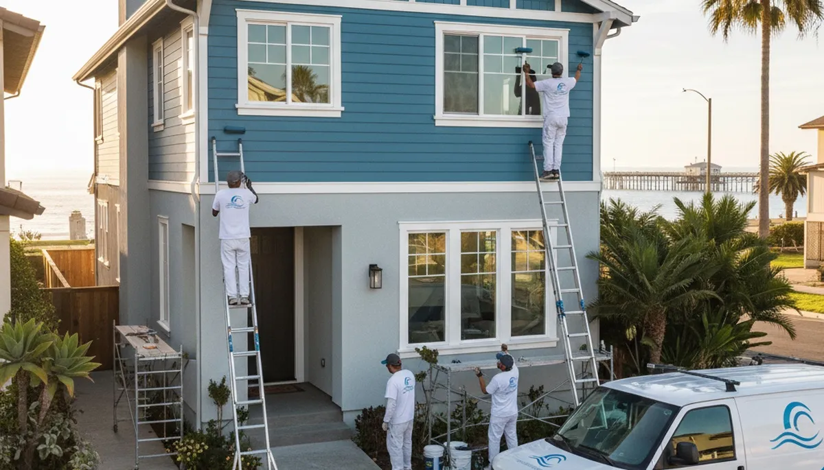 Professional house painters working on exterior home in Anaheim, CA