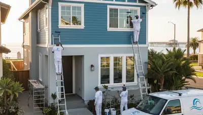 Professional house painters working on exterior home in Anaheim, CA