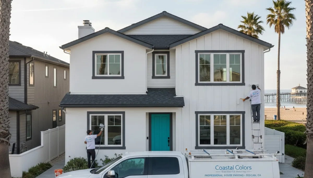 Professional house painters finishing exterior home repaint in Anaheim, CA