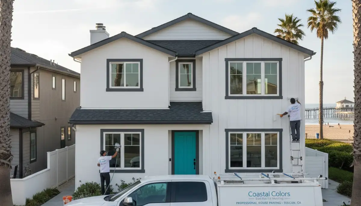 Professional house painters finishing exterior home repaint in Anaheim, CA