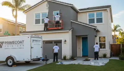 Professional house painters working on home exterior in Anaheim, CA