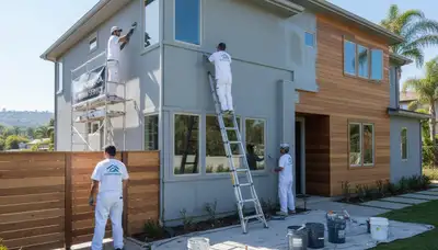 House painters in Anaheim, CA painting a home exterior with professional residential painting service