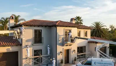 House painters in Anaheim, CA painting a home exterior with professional residential service