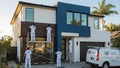Professional house painters working on exterior home repaint in Anaheim, CA