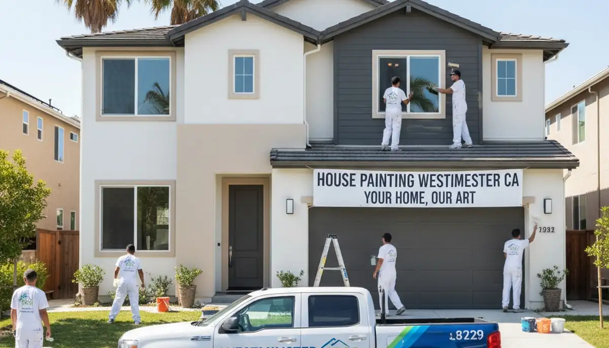Professional house painters working on residential exterior in Anaheim, CA