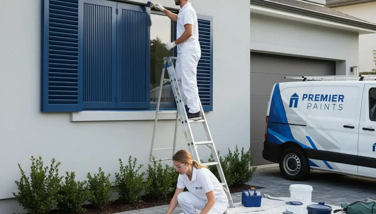 Professional shutter painting and refinishing on a coastal Anaheim, CA home exterior