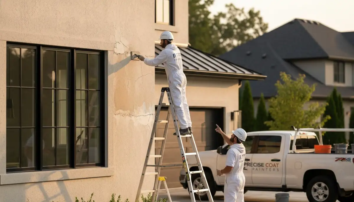 Professional stucco repair on Anaheim, CA home exterior by local house painting experts