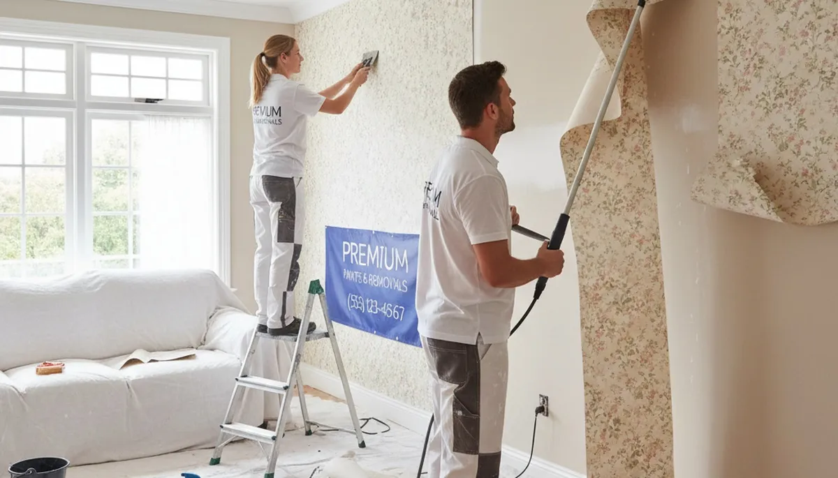 Professional wallpaper removal service in Anaheim, CA preparing walls for fresh interior painting