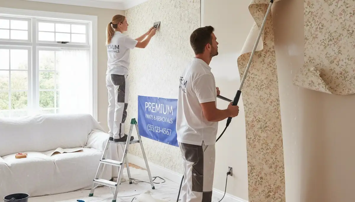 Professional wallpaper removal service in Anaheim, CA preparing walls for fresh interior painting