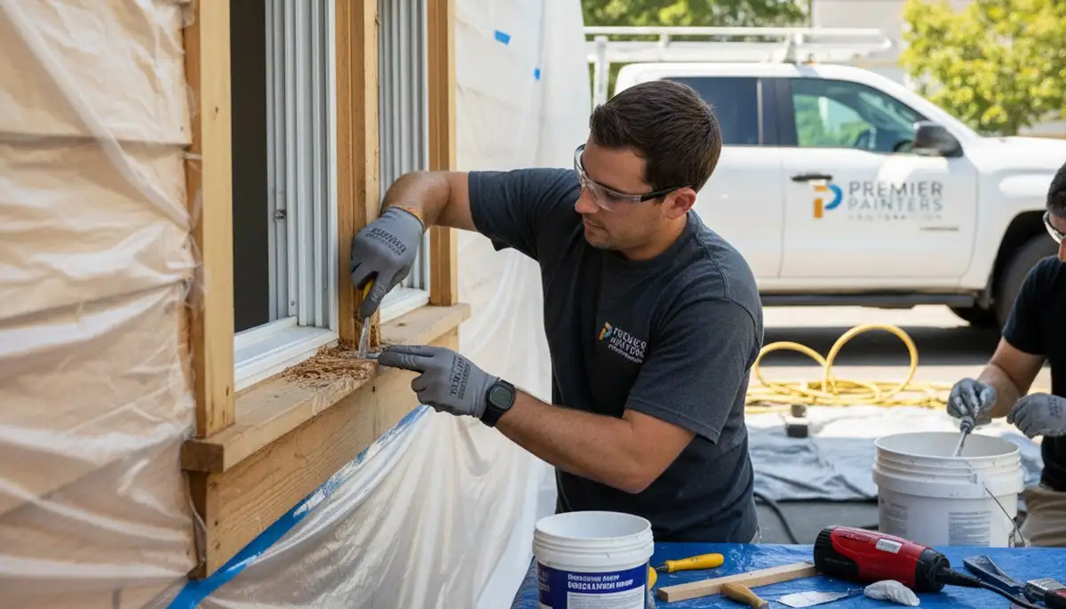 Technician repairing wood rot on Anaheim CA home exterior during expert wood restoration service